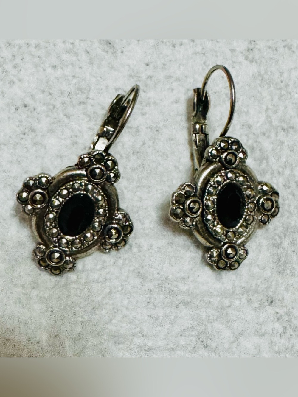 Mid Century 1928 Vintage Silver Black Stone Marcasite Drop Earrings by 1928